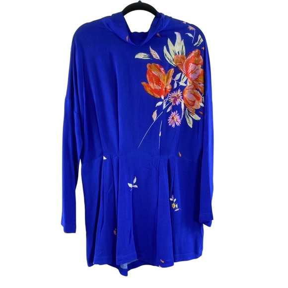 Free People Sz M Jemma Vibrant Blue Floral Open Back Tie Neck Mini Dress - Picture 3 of 14